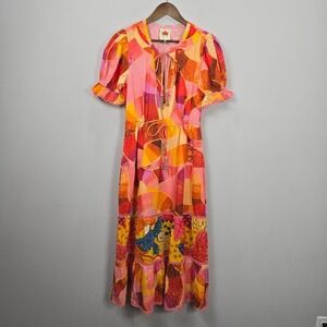 Farm Rio Anthropologie Midi M Dress Orange Short Puff‎ Sleeve Tiered Boho Beach